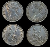 Victoria (1837-1901), Pennies (2), 1863 normal 3, 1865 (F 42, 50; BMC 1655, 1667; S 3954) [2]. First extremely fine...