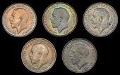 George V (1910-1936), Pennies (5), 1911, 1912 (2), 1912h, 1913 (S 4051-2) [5]. Extremely fine or better, fourth...