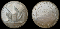 Hampshire, Gosport, Thomas Wood, Jacobs’ Penny, 1798, flags and drum, rev. t. wood salesman, etc, edge i promise...