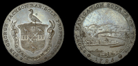 Hertfordshire, Bishops Stortford, Sir George Jackson, Halfpenny, 1795, arms, rev. view of the Stort canal, low...