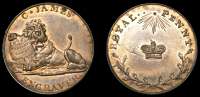London, Bow Street, Charles James, Penny, lion couchant, holding shield, rev. royal penny, sun, crown and oak-sprig,...