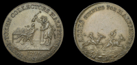 London, Denton’s Collectors’ Halfpenny, 1796, connoisseur smoking pipe, seated at table spread with medals,...