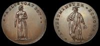 London, Spence’s mule Halfpence (2), ass with paniers, rev. lion and cock, 12.78g/6h (DH 720a); Bluecoat boy, rev....
