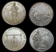 London, Spence’s mule Halfpence (2), coining press, rev. Highlander, 12.29g/5h (DH 742); deserted village, rev....