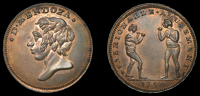 London, Spence’s mule Halfpenny, bust of Daniel Mendoza, rev. boxers, edge spence dealer in coins london,...