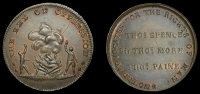 London, Spence’s mule Halfpenny, two men dancing round fire, rev. noted advocates, etc, edge spence dealer in...