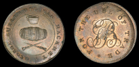 Middlesex, Hackney, George Butler, Skidmore’s Halfpenny, paint-pot, cask and two brushes, rev. gb cypher, edge...