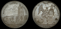 Middlesex, Hackney, David Rebello, Milton’s Penny, 1796, church, rev. figure of Time seated on a cabinet, holding...