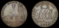 Middlesex, Hackney, David Rebello, Milton’s Halfpenny, 1795, church, rev. dar cypher, aplustre and rudder, edge...