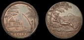 Worcestershire, Hagley, Spence’s mule Halfpenny, man angling on river-bank, fishing-box under trees at left, rev....