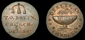 Co Dublin, Dublin, T. O’Bryen, Farthing, from the same obv. die as previous, rev. bowl inscribed whisky, bunch of...