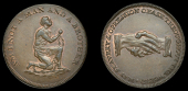 Unlocalised issues, Lutwyche’s Anti-Slavery Halfpenny, chained negro kneeling, rev. clasped hands, reads...
