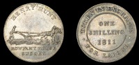 Sussex, Rowfant, Henry Hunt, Shilling, 1811, farmer ploughing, rev. value, edge grained, 4.53g/12h (KR 304; D 14)....