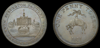 Wiltshire, Staverton, John Jones, Wyon’s Penny, 1811, view of the Staverton factory, vertical lines below...