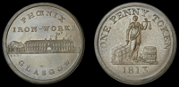 Lanarkshire, Glasgow, Thomas Edington & Sons, Penny, 1813, elevation of the Phoenix Ironworks, rev. Justice...