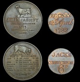 LONDON, Bank, John Ashby, copper, 35mm, 15.02g/6h (Hawkins p.145, no. 1; W 2767); Soho, Jack’s [John Roberts]...