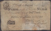 Bank of England, Henry Hase, £1, 30 December 1813, serial number 12846, printed date and serial number, toned but a...