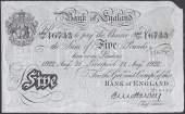 Bank of England, Ernest M. Harvey, £5, Liverpool, 21 August 1922, serial number 180/U 16733, about very fine,...