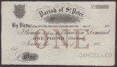 Parish of St. Peter, unissued £1, 189-, no serial numbers or signatures, ‘one’ in brown at centre, perforated...