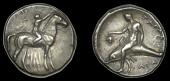 Greek Coinages, SOUTHERN APULIA, Tarentum, Nomos, 302-280, naked youth on horseback right, crowning horse with right...