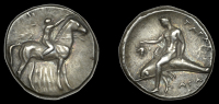 Greek Coinages, SOUTHERN APULIA, Tarentum, Nomos, 302-280, naked youth on horseback right, crowning horse with right...