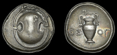 Greek Coinages, BOEOTIA, Thebes, Stater, c. 379-368, Boeotian shield, rev. amphora dividing οε - ογ, caduceus...