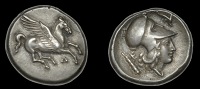 Greek Coinages, ILLYRIA, Dyrrhachion, Stater, c. 350-300, Pegasus flying right, δ below, rev. helmeted head of...