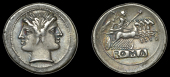 Roman Republican Coinage, Anonymous, Quadrigatus, Rome, c. 225-215, laureate Janiform head of the Dioscuri, rev....