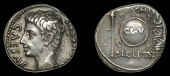 Roman Imperial Coinage, Augustus, Denarius, Colonia Patricia, c. 19, bust left, rev. shield inscribed cl v,...