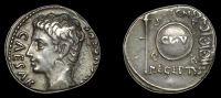 Roman Imperial Coinage, Augustus, Denarius, Colonia Patricia, c. 19, bust left, rev. shield inscribed cl v,...
