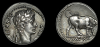 Roman Imperial Coinage, Augustus, Denarius, Lugdunum, 11-10, bust right, rev. bull butting right, imp xii in...