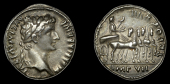 Roman Imperial Coinage, Tiberius, Denarius, Lugdunum, 15-16, laureate bust right, rev. Emperor in quadriga right,...