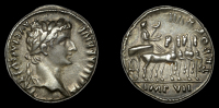 Roman Imperial Coinage, Tiberius, Denarius, Lugdunum, 15-16, laureate bust right, rev. Emperor in quadriga right,...