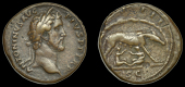 Roman Imperial Coinage, Antoninus Pius, Sestertius, Rome, c. 140-4, laureate bust right, rev. she-wolf standing...