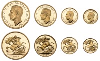 George VI (1936-1952), Proof set, 1937, comprising Five Pounds, Two Pounds, Sovereign and Half-Sovereign [4]. Some...