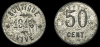 Martinique, Boutique Vive 1910, 50 Centimes, legend, rev. value, zinc, 25mm. Very fine, some surface corrosion,...