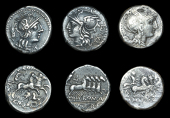 Roman Republican Coinage, M. Bæbius Q.f. Tampilus, Denarius, 137, helmeted head of Roma left, rev. Apollo in...