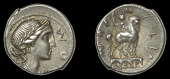 Roman Republican Coinage, Mn. Æmilius Lepidus, Denarius, 114-13, laureate and diademed head of Roma right, rev....