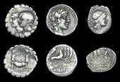 Roman Republican Coinage, C. Sulpicius C.f., Denarius, 106, conjoined heads of Dei Penates left, rev. sow lying...
