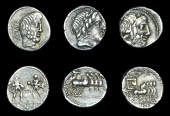 Roman Republican Coinage, L. Titurius L.f. Sabinus, Denarius, 89, bare head of Tatius right, palm branch below chin,...