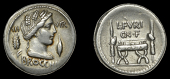 Roman Republican Coinage, L. Furius Cn.f. Brocchus, Denarius, 63, head of Ceres right, corn-ear to left and...