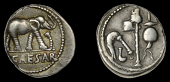 Roman Imperatorial Coinage, Julius Cæsar, Denarius, mobile military mint, 49, elephant walking right, trampling...