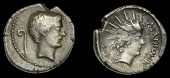 Roman Imperatorial Coinage, Mark Antony, Denarius, mobile military mint, 42, bare head right, lituus to left, rev....
