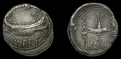 Roman Imperatorial Coinage, Mark Antony, Denarius, mobile military mint, 32-1, galley right, rev. leg vi, legionary...
