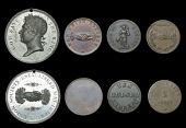Clubs and Societies, Uncertain locations, [Union Society], copper Twopence, sun shining from clouds above clasped...