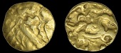 British Iron-Age, Gallo-Belgic, Stater, series A [Ambiani], laureate head of Apollo right, rev. horse right, pellets...