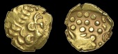 British Iron-Age, Early Uninscribed series, Stater, Ingoldisthorpe type, devolved head of Apollo with plant (?)....