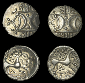 British Iron-Age, ICENI, Anted, Units (2), two opposed crescents on wreath, revs. horse right, ornaments around,...