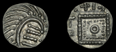 Early Anglo-Saxon Period, Sceatta, Continental series E, porcupine-like figure enclosing four bars and a pellet,...