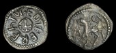 Kings of Northumbria, Eadberht (737-58), Sceatta, class B, eotberehtvγ around cross pattée, rev. stag standing...